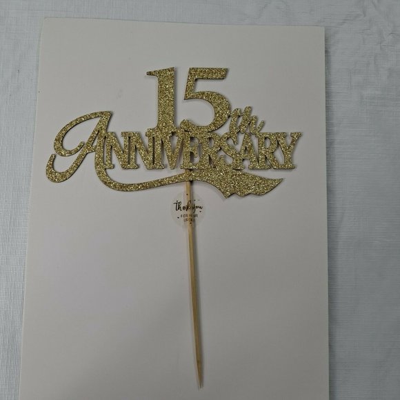 15th Anniversary Wedding Cake Topper Gold Sparkle - Picture 2 of 5
